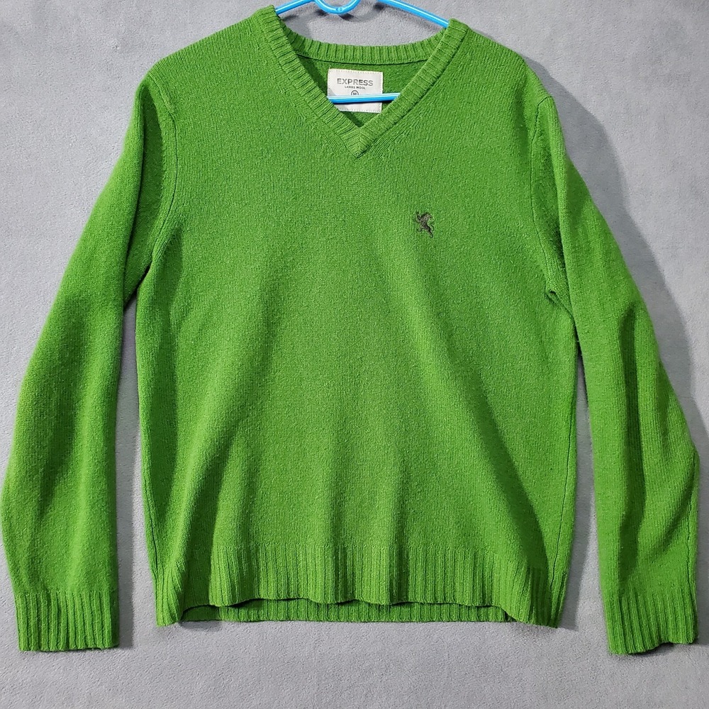 Express Sweater Womens Medium Green Lambswool V Neck Y2K Vibrant Embroidered